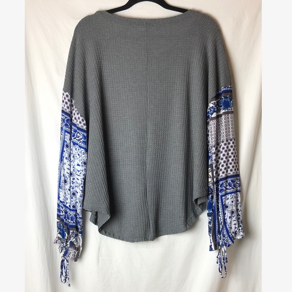 In Loom Waffle Knit Thermal Mix Print Contrast Long Sleeves Top Blouse Size L - Picture 9 of 11